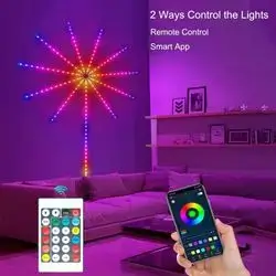 The image shows a packaging box for an App Smart Control IC LED RGB Fireworks Light, highlighting a colorful, starburst light effect designed to mimic exploding fireworks on your wall.