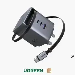 UGREEN Nexode Pro 100W GaN Fast Charger Built-In Retractable Cable & Multi-Port Hub - Black