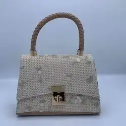 Embroidered Straw Top-Handle Bag