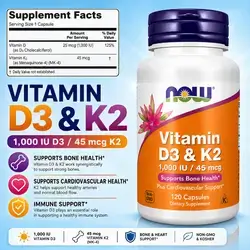 NOW Supplements, Vitamin D3 & K2, 1,000 IU/45 mcg, Cardiovascular Support, D3 K2, Vitamin D, Vitamin K2 MK-7, Supports Bone Health, 120 veg Capsules vitamin D3