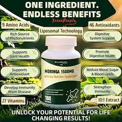 Whole-Leaf Moringa, 1500mg, 10:1 Extract, Moringa Oleifera Leaf Extract, Natural Green Superfood for Energy, Immunity, Hair Thickness & Growth, Blood sugar regulation, Digestive Health, Antimicrobial, Ultra Pure, Caffeine Free, 180 Capsules moringa