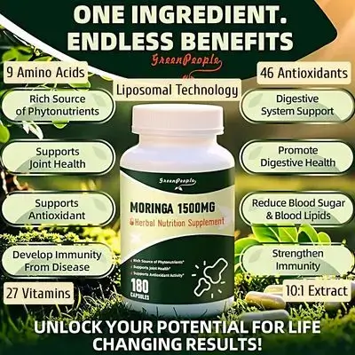 Whole-Leaf Moringa, 1500mg, 10:1 Extract, Moringa Oleifera Leaf Extract, Natural Green Superfood for Energy, Immunity, Hair Thickness & Growth, Blood sugar regulation, Digestive Health, Antimicrobial, Ultra Pure, Caffeine Free, 180 Capsules moringa