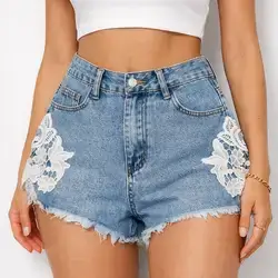 SHEIN Frenchy Summer Light Blue Water-Soluble Lace Short Denim Shorts - Size : 26