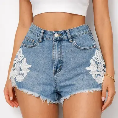 SHEIN Frenchy Summer Light Blue Water-Soluble Lace Short Denim Shorts - Size : 26
