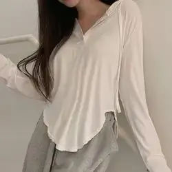 DAZY Women's Asymmetrical Hem Hooded T-Shirt Summer Long Sleeve Women Tops
