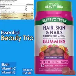 Nature's Truth, Hair Skin and Nails Gummies, 2500mcg Biotin, Vegan, Free of Gluten Soy Artificial Sweetener, Essential Beauty Vitamins for Women & Men, 80 Count Hair Skin Nails