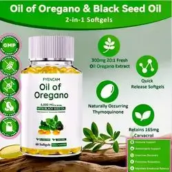 Oil of Oregano with Black Seed Oil , 6000mg Oregano Oil with Carvacrol & Thymoquinone, 2 in 1 Supplement for Immune Health, recovery & Relaxation, antifungal, Antibacterial, emotional balance, 60 Softgels Oregano