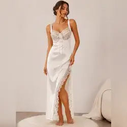 Elegant Satin Lace Trim Maxi Dress - Large