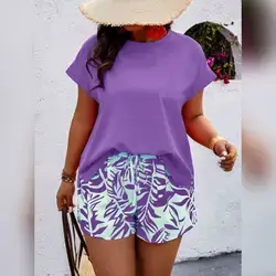 EMERY ROSE Plus Size Purple Boho Solid Blouse & Shorts 2pcs Set - 3XL