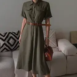DAZY Women's Business Casual Designed Cinched Waist Oversized Pocket Decorated Midi Dress Shirt Dress Size: Large