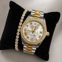 Rolex-Inspired Classic Two-Tone Set (Watch + Zircon Bracelet)