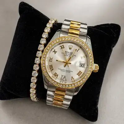 Rolex-Inspired Classic Two-Tone Set (Watch + Zircon Bracelet)