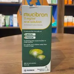 mucibron 3mg/ml ambroxol hydrochloride it reduces the viscosity of ; mucus + phlegm for adults and children older than 2years of age strawberry flavour 200ml