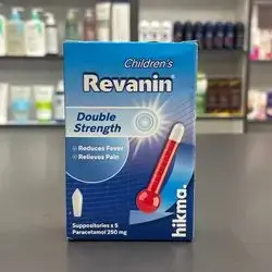 childrens revanin double strength reduce fever , relieves pain 5 suppositories paracetamol 250mg -hikma