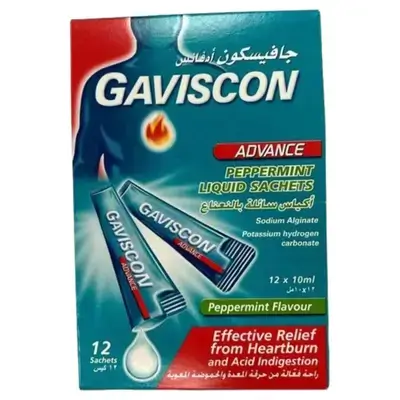 Gaviscon Advance Heartburn Relief Liquid Sachets, Peppermint Flavour, 12 Sachets, 10ml//جافيسكون أدفانس أكياس سائله بالنعناع 10 مل 12 كيس