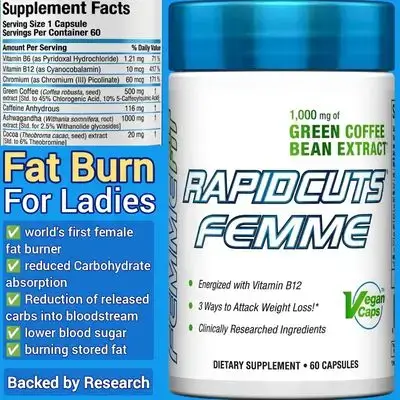 Rapidcuts For Women, Fat Burner, Fat Loss, Green Coffee Bean Extract, Caffeine, Vitamin B12 & B6, Chromium, Cocoa, Burn Stored Fat, 60 Caps Fat Burner 