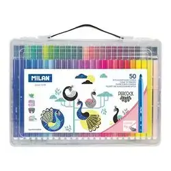 Mi̇lan Transparent Briefcase 50 Conical Tip Fibrepens, Peacock Special Series