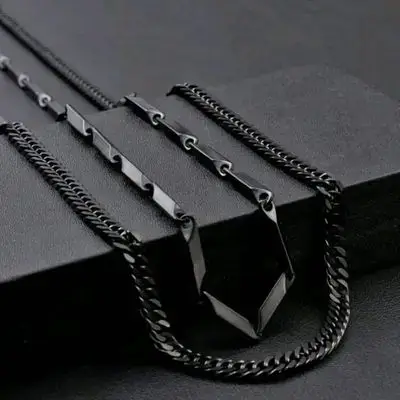 2pcs Men's Black Necklaces Stainless Steel Cuban-Style
