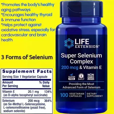 Super Selenium Complex, 200 mcg – 3 Forms of Selenium, Vitamin E – Thyroid & Immune - Cellular Health & Longevity Support, boosts metabolism & energy output, essential supplement, 1 Daily – 100 Capsules Selenium