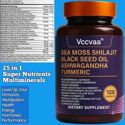 25-in-1, Sea Moss, Irish Sea Moss, Black Seed Oil, Ashwagandha, Shilajit, Ginger, Turmeric, Vitamin C & D3, Berberine, Immune, Gut, Energy, Hormones, 120 Capsules