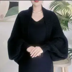 1pc Women Loose Knit Batwing Sleeve Poncho Cardigan