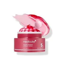 medicube txa niacinamide capsule cream for the final step of the skincare routine , mix the pink capsules and red gel on the back of your hand then apply it to the skin