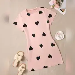 INAWLY Women's Pink Heart Print Round Neck Short Sleeve Dress - Small
