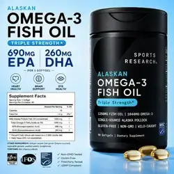 Sports Research, Omega 3, Fish Oil, 1250mg, EPA 690 & DHA 260, Wild-Caught Alaska Pollock, Fresh Never Fishy, essential for Heart Brain Eyes Skin, MSC Certified, 90 Count omega 3