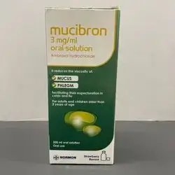 mucibron 3mg/ml ambroxol hydrochloride it reduces the viscosity of ; mucus + phlegm for adults and children older than 2years of age strawberry flavour 200ml