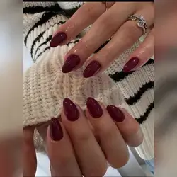 24pcs Short Almond Shape Solid Burgundy Color False Nails With 1pc Nail File And 1pc Jelly Gel Press On Nails Nail Supplies