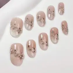10Pcs Floral Vine Handmade Nail Art Accessories, Light Pink Floral Design With Rhinestones Medium Size