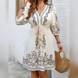 Breezaya Elegant Lantern Sleeve Waist Cinched Short Dress - 2XL