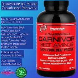 MuscleMeds Carnivor Beef Aminos, Beef Protein Isolate, Beef Liver, Beef Albumin, Creatine, BCAA, for Recovery and Muscle Growth, Full Essential Amino Acids, High in BCAAs, with Growth Factors, IGF-1, IgG, Premium grade Amino, 300 Tablets beef amino