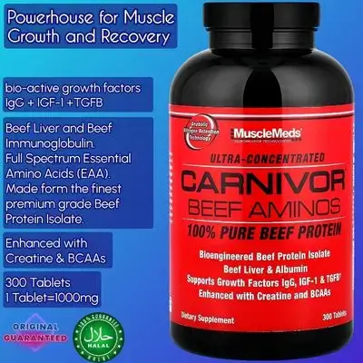 MuscleMeds Carnivor Beef Aminos, Beef Protein Isolate, Beef Liver, Beef Albumin, Creatine, BCAA, for Recovery and Muscle Growth, Full Essential Amino Acids, High in BCAAs, with Growth Factors, IGF-1, IgG, Premium grade Amino, 300 Tablets beef amino