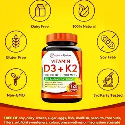 Vitamin D3 K2, 10000 IU, 200 mcg, MK-7, Strong Bone Density, Teeth, Immune, Heart Support, Energy, Calcium Absorption, vitamin d, vitamin d3 and k2, 120 Softgels d3 k2