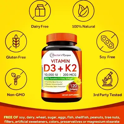 Vitamin D3 K2, 10000 IU, 200 mcg, MK-7, Strong Bone Density, Teeth, Immune, Heart Support, Energy, Calcium Absorption, vitamin d, vitamin d3 and k2, 120 Softgels d3 k2
