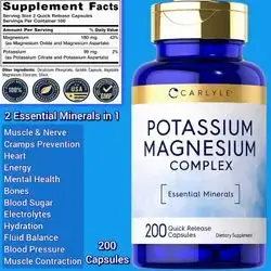 Potassium Magnesium Supplement, essential minerals Complex, potassium Aspartate, potassium Citrate, magnesium Aspartate, magnesium oxide, Made in USA, 200 Capsules potassium 