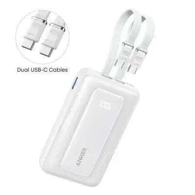 بنك طاقة أنكر زولو بسعة 10000 مللي أمبير في الساعة وقوة 35 واط مع كابلات USB-C مزدوجة مدمجة.