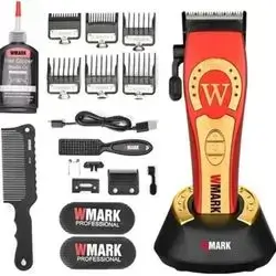 WMARK NG-8030A Ultra premium Professional 7000-9000 RPM 8 Speed level Hair Clipper Set 6 Guide Comb & 5 Taper Lever extra blade set Cleaning Brush Hair Brush Hair Sticker 2500 battery 200 min, RED