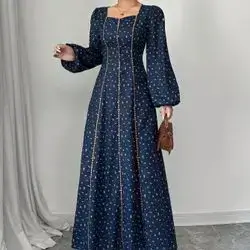  Mulvari Women's Ditsy Floral Sweet Heart Neck Lantern Sleeve Maxi Elegant Abaya Dress Medium Size