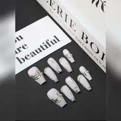 10pcs Handmade Long Coffin Boho White Faux Pearl Mussel Abstract Magic Mirror Powder Fake Nails