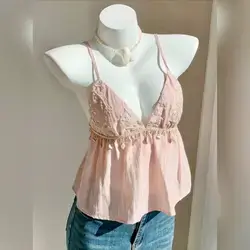 Comfortcana Women's Pink Vacation Vintage Floral Embroidery Shell Trim Camisole Shirt - XS