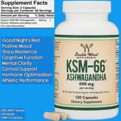 KSM-66 Ashwagandha Root Extract, 600mg, Organic, 5% Total Withanolides, Ashwagandha, Full-Spectrum KSM-66, Most-Studied Form of Ashwagandha, KSM Ashwagandha, 120 Capsules Ashwagandha