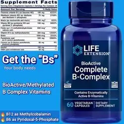 Life Extension BioActive Complete B-Complex, B complex, Methylated B Complex, B Vitamins, b12, b1, b6, inositol, Heart, Brain, Nerve, Healthy Energy, Metabolism, 60 caps B Complex