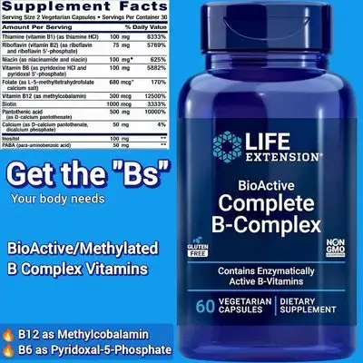 Life Extension BioActive Complete B-Complex, B complex, Methylated B Complex, B Vitamins, b12, b1, b6, inositol, Heart, Brain, Nerve, Healthy Energy, Metabolism, 60 caps B Complex