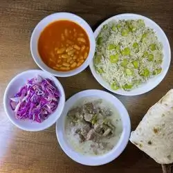 Rice with Beans, Qurau with Local Meat with Bean Broth, Bread and Salad