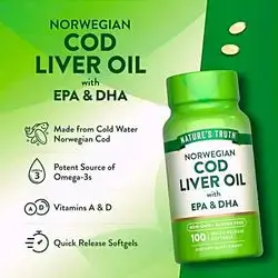Norwegian Cod Liver Oil | with EPA & DHA, omega 3, fish oil, omega3 fatty acids, 415mg cod liver oil, great for Eyes, skin, Heart, Brain, 100 Softgels