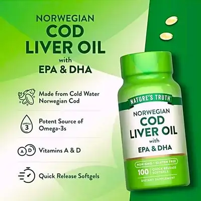Norwegian Cod Liver Oil | with EPA & DHA, omega 3, fish oil, omega3 fatty acids, 415mg cod liver oil, great for Eyes, skin, Heart, Brain, 100 Softgels