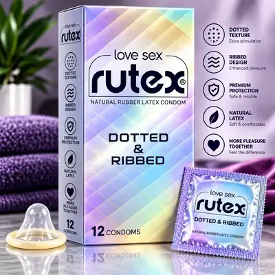 Rutex Love Sex Dotted & Ribbed Natural Rubber Latex Condoms — 12 Condoms