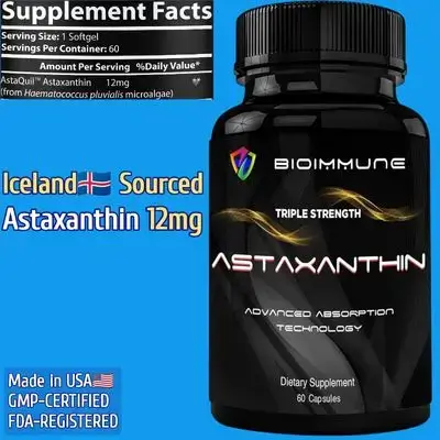 Astaxanthin, 12mg Per ONE Softgel, Icelandic Astaxanthin, Triple Strength, made with Organic Virgin Coconut oil, 60 Softgels Astaxanthin